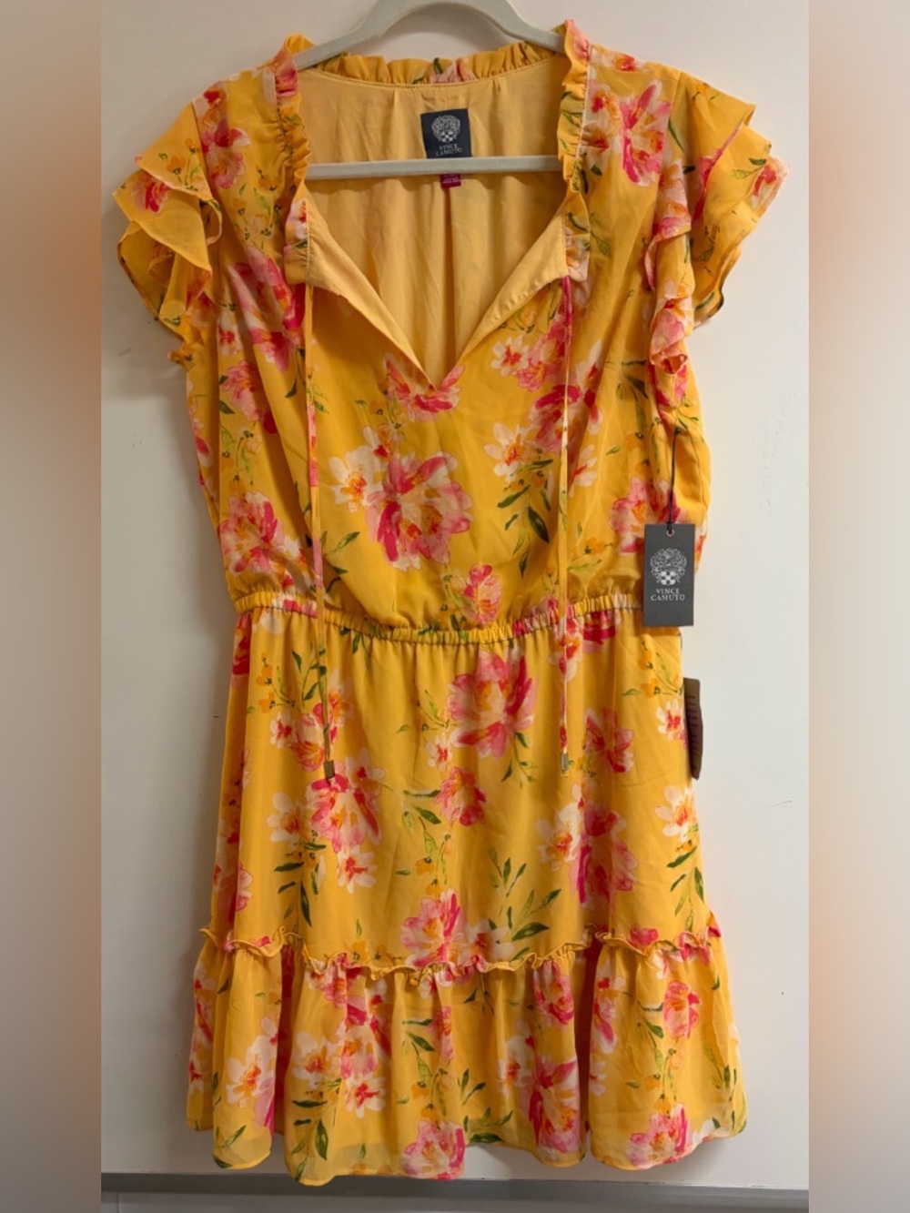 NWT- Vince Camuto Yellow Floral V-Neck Ruffle Dress